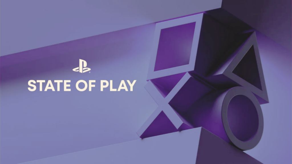 Playstation logo and the text reads "State of Play" in white next to controller symbols on a purple background.