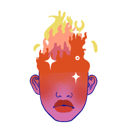 Illustration of a face with the top of the head open, flames in orange, red, and yellow blazing upward where hair would be.
