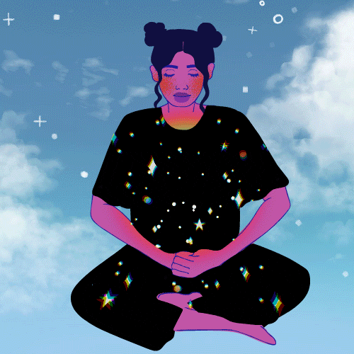 Illustration of a woman with dark hair in space buns sitting cross-legged in meditation, eyes closed and hands resting in her lap. She wears an oversized black outfit covered in twinkling stars and floats against a dreamy blue sky dotted with soft clouds and sparkles.